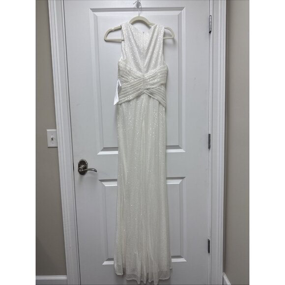 Mac Duggal Size 4 White 26598 V-Neck Sequin Wrap Waist Maxi Gown Wedding Bridal - Picture 7 of 12